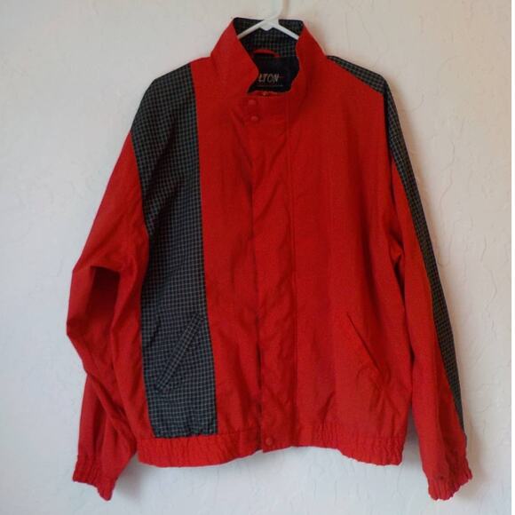 Hilton Corp Men Large Wind Jacket Red Black Color Block Elastic Waist Pocket Zip - Picture 5 of 13